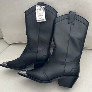 Silver toe Western calf high black boots